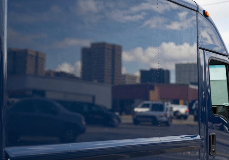 A close-up of a polished navy blue delivery truck's side panel. The surface is clean and reflects a North American / US city skyline, representing professional service.