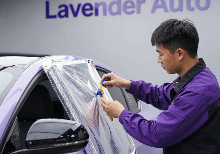 Professional technician applying window tint film to a purple car at Lavender Auto shop.
