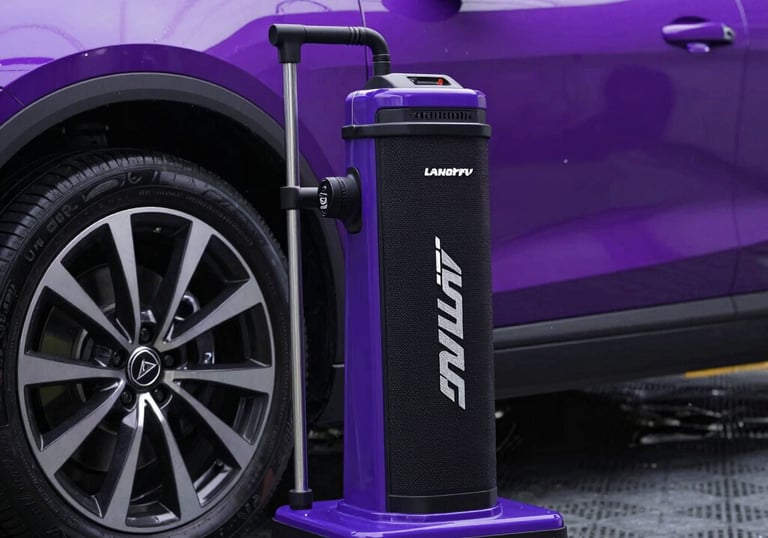 Portable purple rolling car washer and detailing kit standing next to a luxury purple SUV.