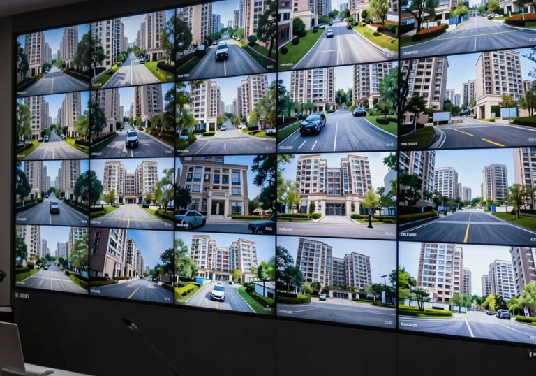A professional security monitoring room featuring a wall of digital screens displaying multiple live camera feeds of a residential complex.