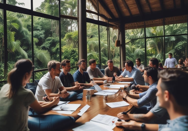 A group of smiling entrepreneurs sharing ideas in a cozy, sunlit workspace.