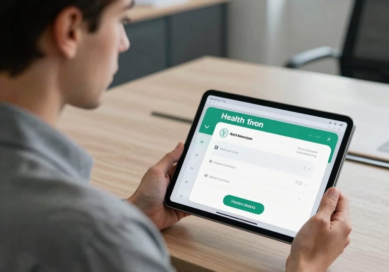 A professional North American individual looking calmly at a tablet screen that shows a health notification, in a high-end, modern office setting.