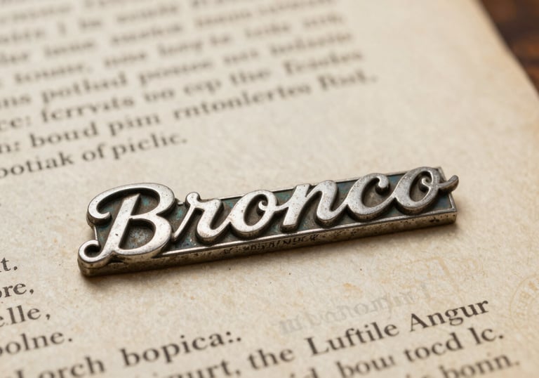 A macro shot of a weathered metal 'Bronco' emblem and heritage owner documents resting on an antique parchment surface in a North American / US study.