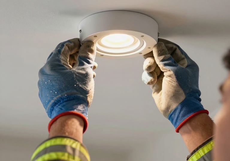A close-up photograph of a professional electrician installing a sleek, modern LED recessed lighting fixture in a North American / US home, hands in focus with safety gear.