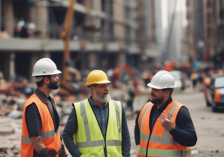 Group of construction workers wearing safety gear on a building site.