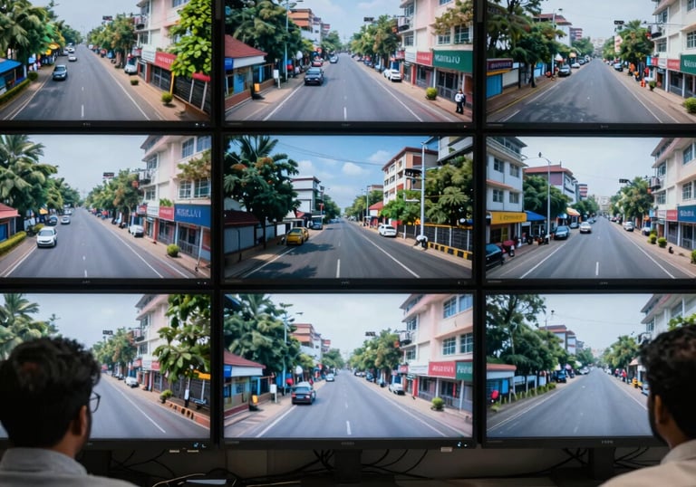 A wall of high-definition security monitors in a central control room showing real-time street surveillance from a city in Kerala.