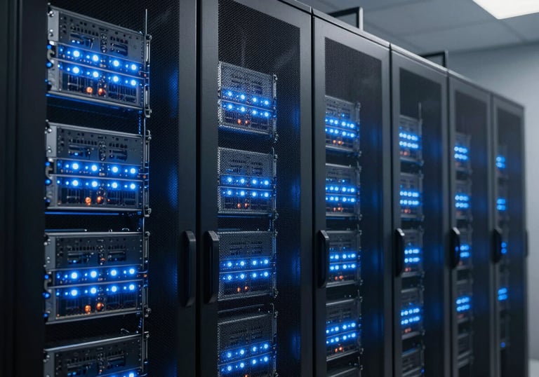 A sophisticated server room with glowing steel blue lights, symbolizing the powerful and scalable infrastructure behind Blue Creek apps. North American / US data center style.
