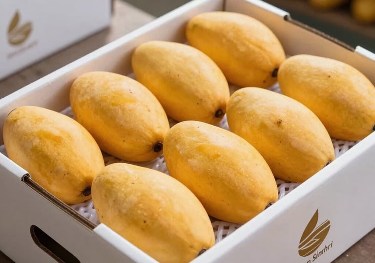 A professional close-up of premium Sindhri mangoes packed neatly in a clean, white export carton with a simple logo. The mangoes are vibrant yellow, uniform in size, shot in a high-end Pakistani warehouse facility with bright, clean lighting.