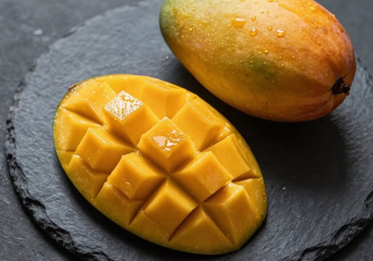 A top-down photographic shot of sliced Chaunsa mango on a dark stone slab, showing the juicy, deep yellow pulp and a small bowl of fruit. The styling is minimalist and luxurious, capturing the honey-sweet essence of the fruit.