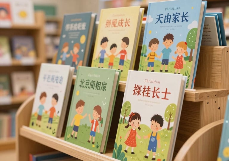 A cheerful display of Christian children's books with colorful illustrations, placed on a child-friendly wooden shelf in a bright, modern bookstore environment.