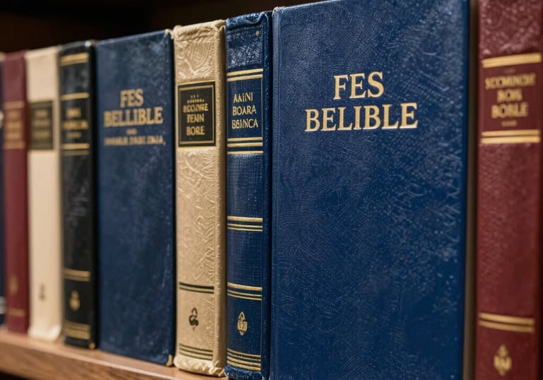 A row of various Bibles with different textures and colors including deep blue and gold accents, neatly arranged on a dark wooden shelf in a Brazilian store.