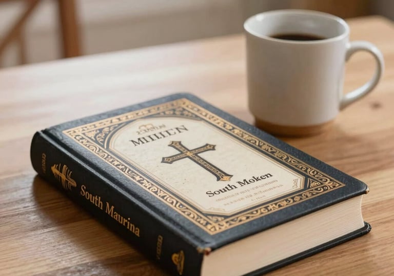 Close-up of a beautifully designed Christian devotional book and a Bible sitting on a light wooden table next to a simple ceramic mug, in a bright South American home setting.