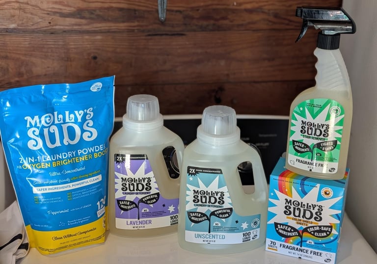 Low-toxin laundry products used for wash and fold service in Athens, AL including Molly’s Suds deter