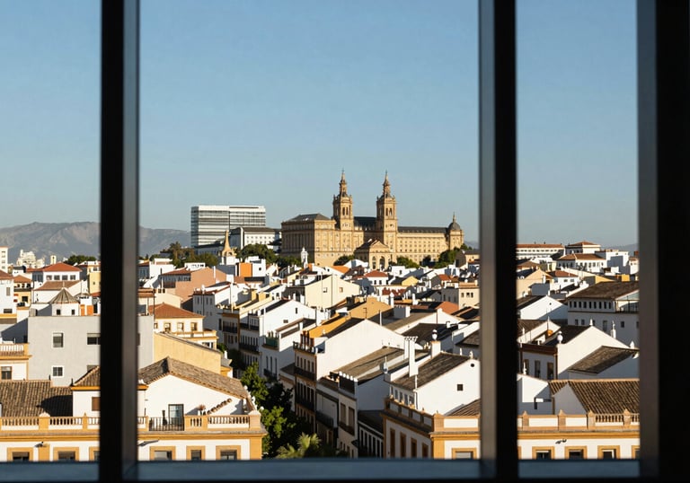 A visionary view of a Spanish / Iberian city skyline from a modern office window, symbolizing ambition and motivation.