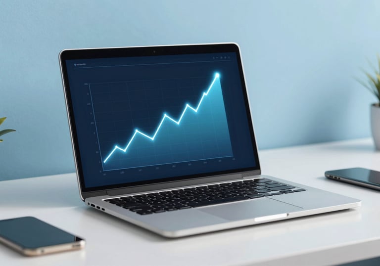 A modern desk setup with a laptop showing a glowing line graph of financial growth, surrounded by a clean, minimalist workspace with light blue #7BAED8 accents.