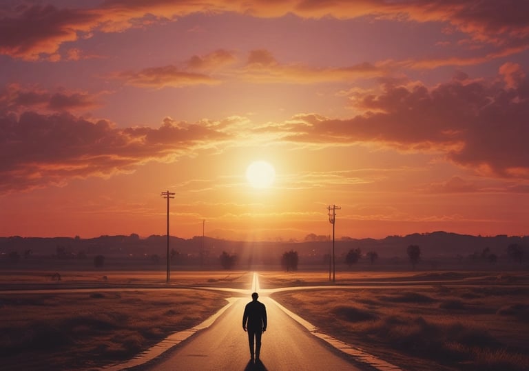A lone person stands at a crossroads with many different routes