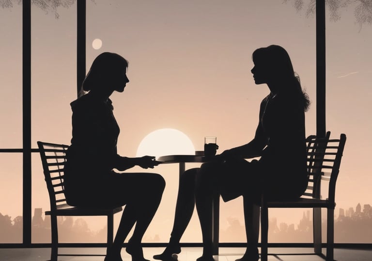 2 people sit together, talking