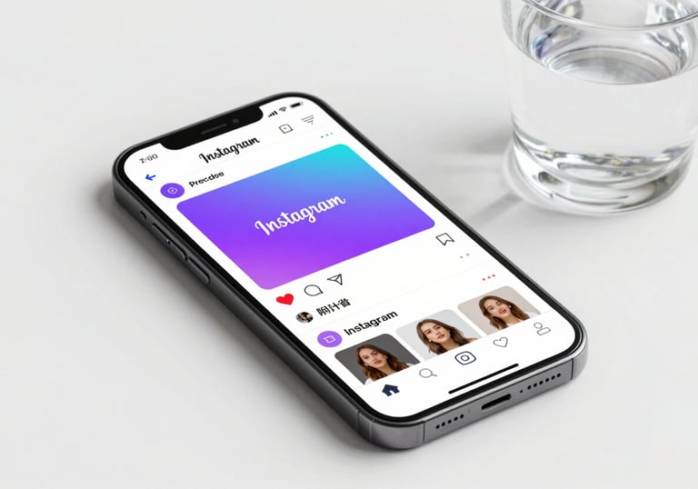 A professionally captured smartphone screen displaying an elegant Instagram feed with purple and cyan branding elements, resting on a clean white surface with a glass of water nearby.