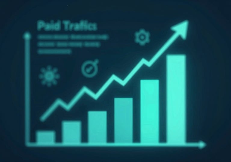 An abstract representation of digital growth charts and arrow icons in vibrant cyan, symbolizing paid traffic success and business expansion.