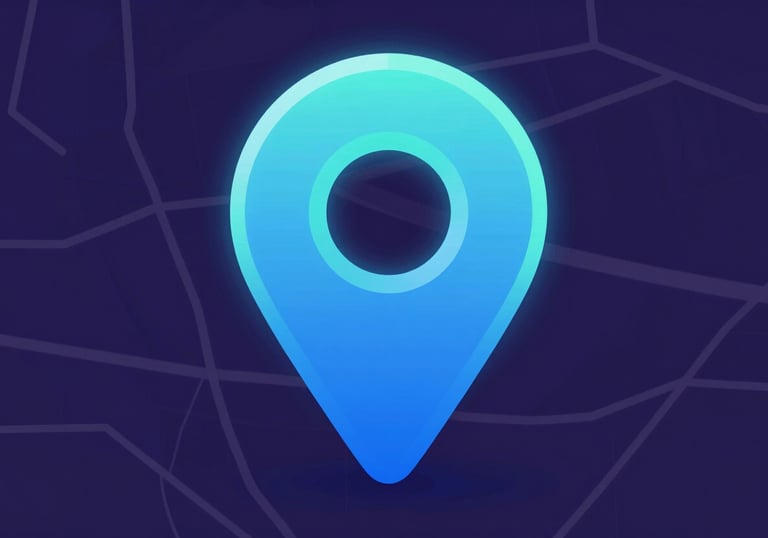 A sleek 3D graphic of a Google Maps pin glowing in cyan (#00CED1) over a minimalist map background in dark purple tones.