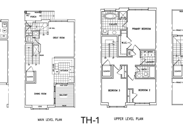 Detailed multi-story townhouse floor plan showing ground, main, upper, and roof level layouts.