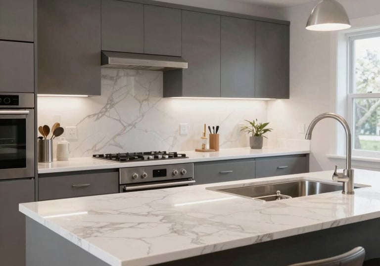 Cozy modern kitchen with wooden cabinets and bright lighting.