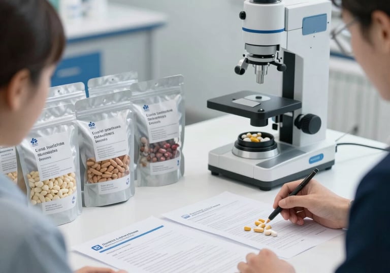 Cosmetics production line with quality control and sanitary documentation visible.