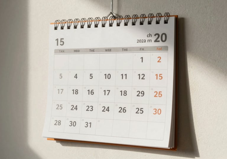 A calendar on a soft off-white wall with scheduled cleaning dates, emphasizing an organized and efficient service.