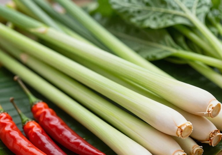 A vibrant assortment of Thai vegetables like bright green lemongrass stalks and red bird's eye chillies, shot in a high-contrast style that utilizes the #1E3A2F brand color in the shadows.