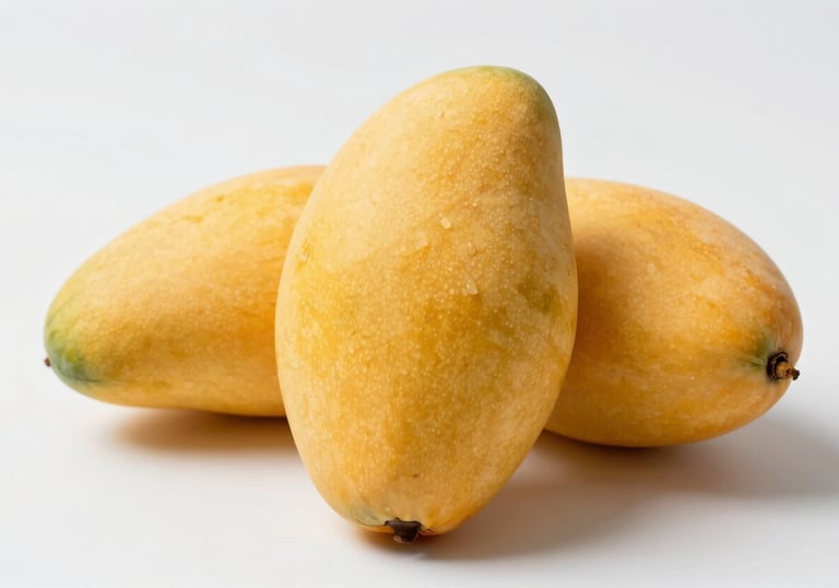 Close-up of vibrant, golden-yellow Nam Dok Mai mangoes, perfectly ripe with smooth skin, presented in a minimalist, high-end style using #F5F6F3 as a clean background element.