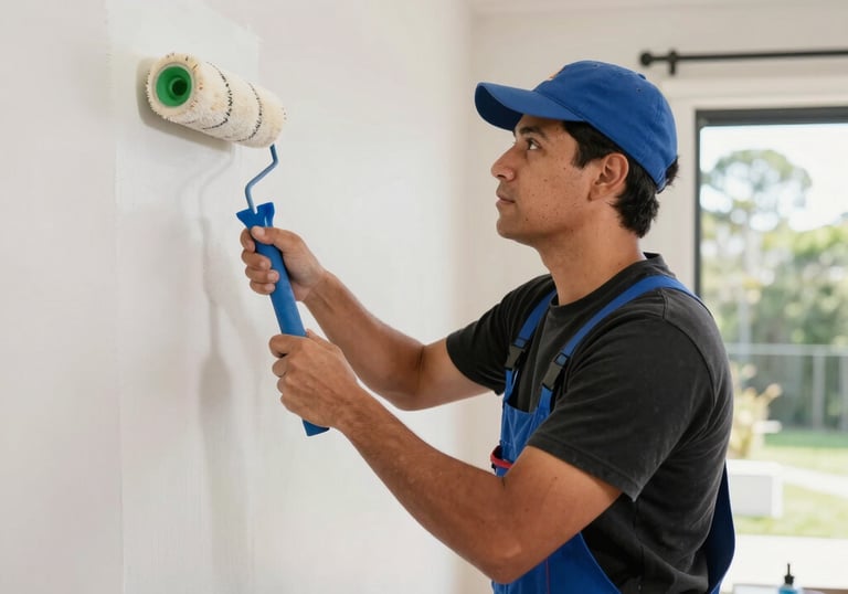 A professional painter carefully applying a smooth coat on a modern living room wall.