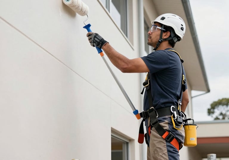 Painter in safety gear spraying industrial wall surfaces with precision.