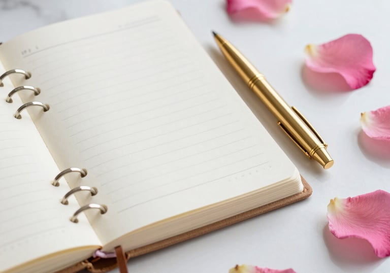 Close-up of an elegant planner and a gold pen on a white marble desk. Soft pink rose petals rest nearby. Iberoamerican minimalist style.