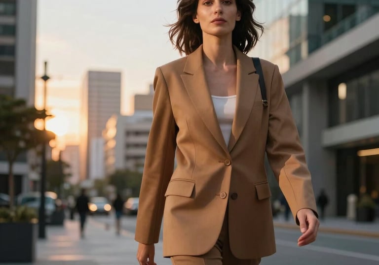 A woman walking confidently in a stylish warm brown blazer through a modern, upscale Iberoamerican urban district at sunset.