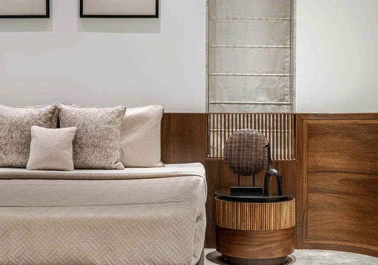 Luxury modular living room furniture with custom wood side tables - Pune interiors Amuk Modular