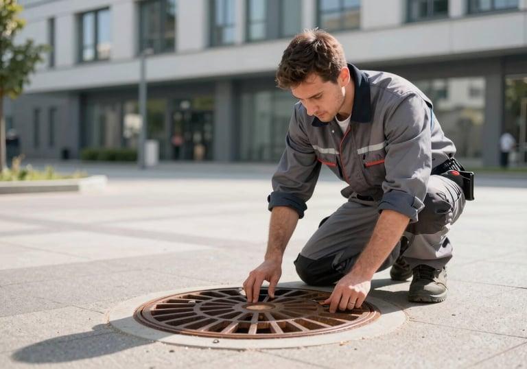 Technician checking a manhole cover in a modern urban Central European environment, professional work clothes, bright daylight, sharp focus.