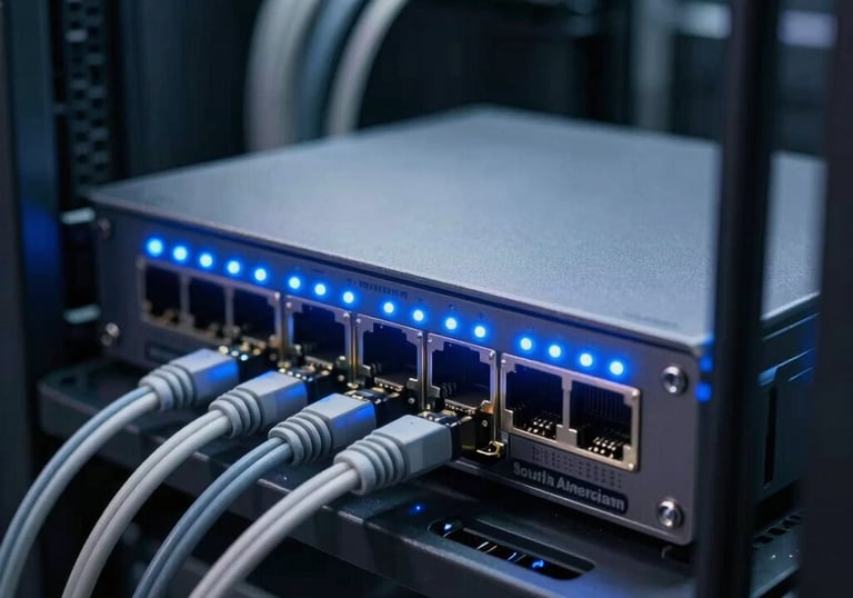 A close-up of a high-speed networking router with blinking blue LED lights in a clean, professional server cabinet. Soft focus on the background showing cables neatly organized. Lighting is cool and modern, emphasizing high technology and connectivity in a South American IT environment.