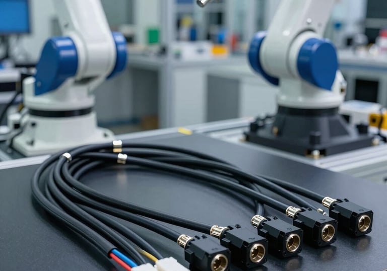 Close-up of a technician assembling a custom cable harness with precision tools.