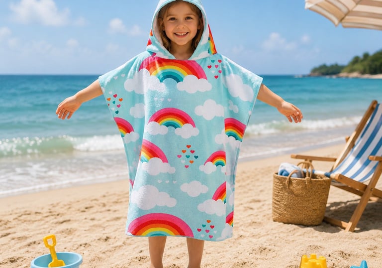 Microfiber kids beach towels poncho with hood on sandy beach