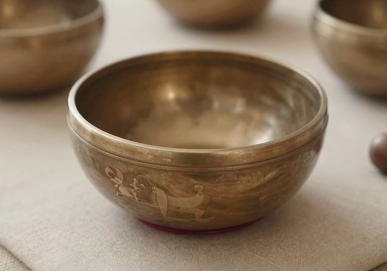 A metal Tibetan singing bowl resting on a soft beige cushion, captured with a shallow depth of field, evokes vibration and sound therapy.