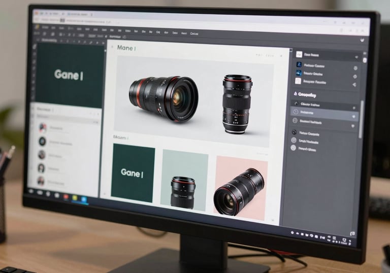 A close-up of a high-end designer monitor showing a complex brand identity project, clean and professional workspace, Global / English-speaking audience.