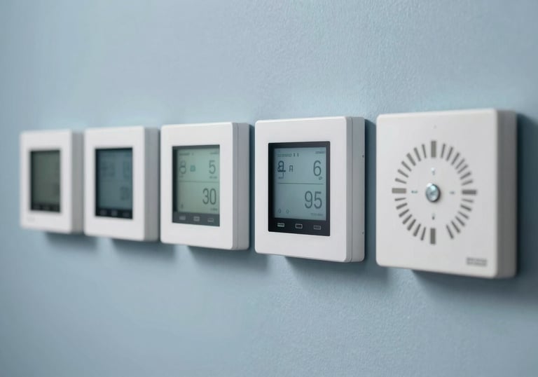 A row of modern, sleek digital thermostats on a light blue wall, showcasing advanced climate control technology.