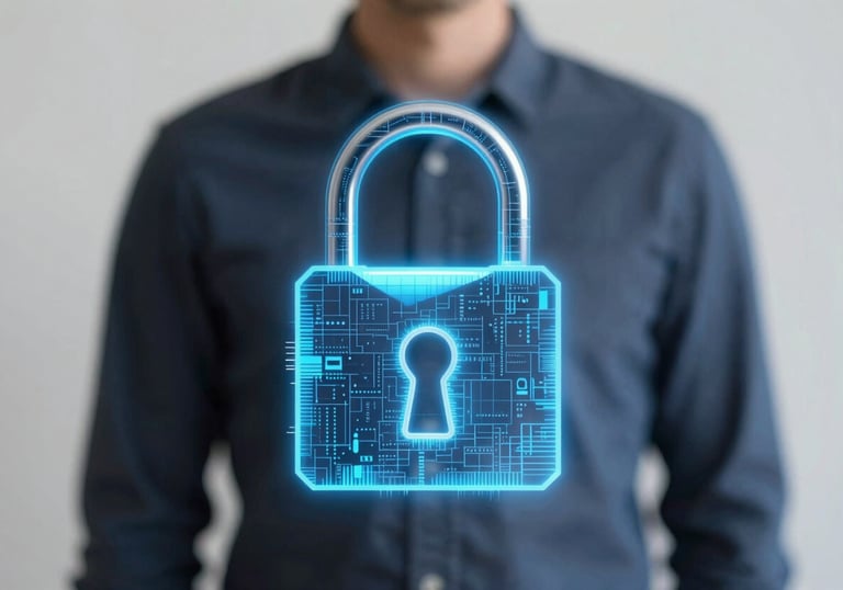 A sophisticated digital lock symbol composed of blue light and data patterns, representing cutting-edge security and trust.