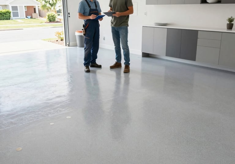 Garage floor epoxy consultation with homeowner in residential garage
