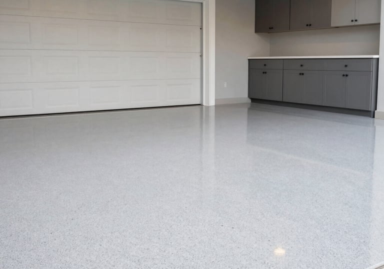 Finished residential garage with decorative epoxy floor coating