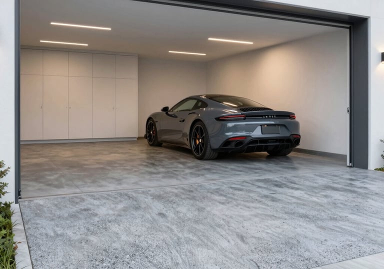 Modern decorative concrete floor coating in residential garage