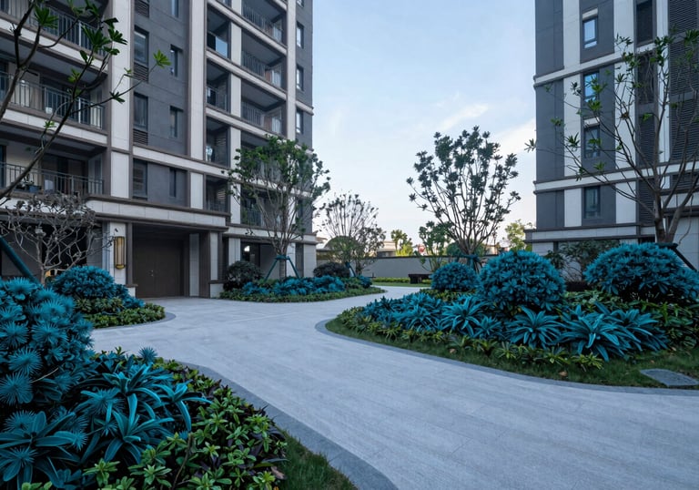 A wide photograph of a perfectly lit courtyard in a multifamily development, showing clear sightlines and manicured landscaping in deep teal pine colors.