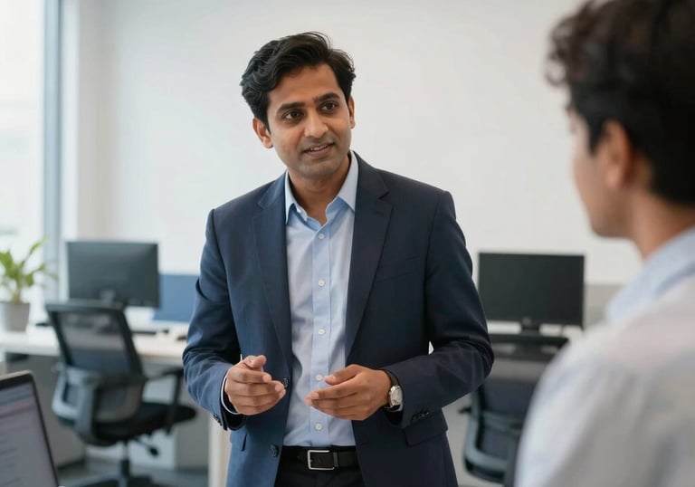 A professional South Asian IT consultant discussing AMC strategy in a modern office. The setting is bright and professional with clean white walls and blue furniture, emphasizing reliability.