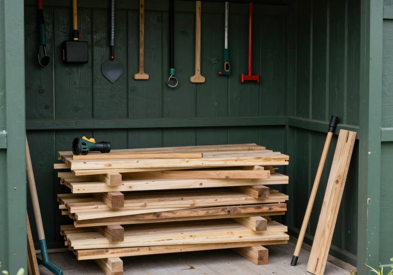 An organized backyard tool shed area in a North American / US home, showing neatly stacked wood and tools. The composition is professional and tidy, featuring dark charcoal and muted forest green colors.
