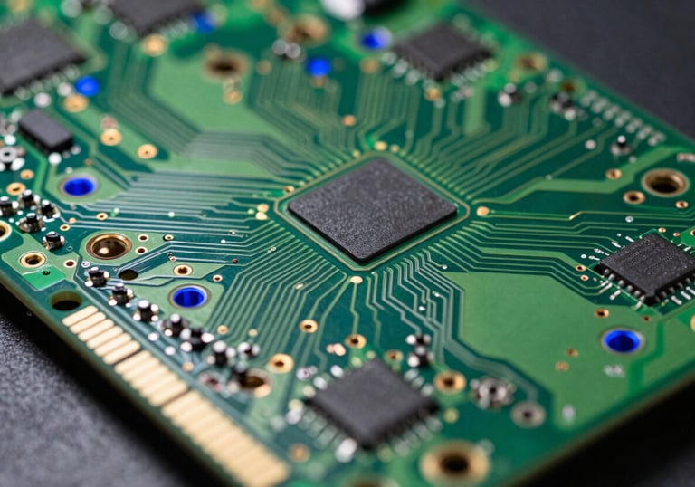 A detailed photograph of a complex multilayer green circuit board with gold-plated contact points, shot from a low angle with vibrant royal blue light accents.